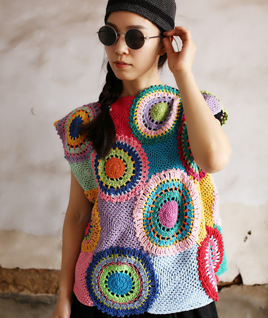 Rainbow ~ design sense relaxed cotton all hand hook horse clamp vest double side