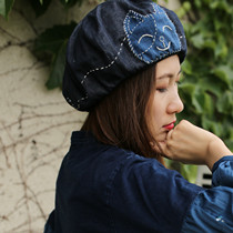 Cat ~ Qianai original literary fan retro hat embroidered melon hat kitten octagonal hat blue dye painter hat