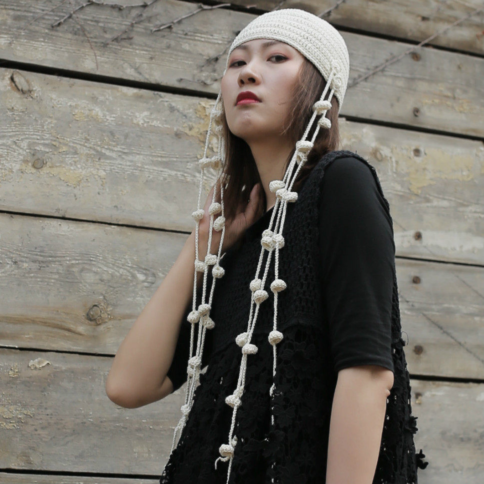 Rolling bead curtain ~ original literary fan retro pure handmade crochet long fringed hair accessories women's hat pure cotton