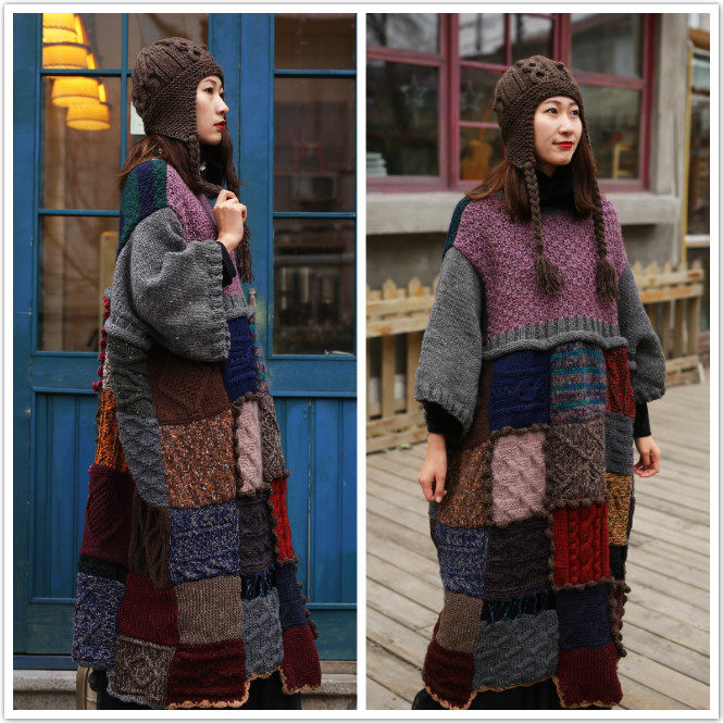 One thousand-year ~ original literature and art Fan retro pure handmade knitted splicing loose foreign dress wool bifacial dress