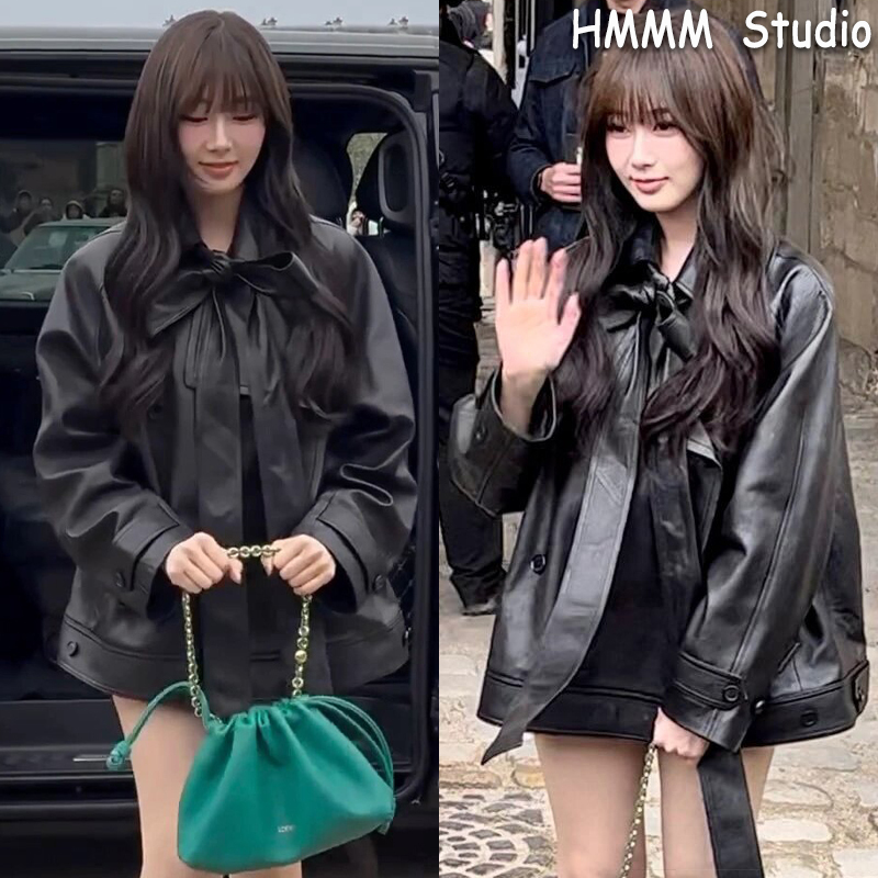 Giselle Same Style Retro Black Bow Pu Leather Jacket Women's Loose Fit Biker Jacket