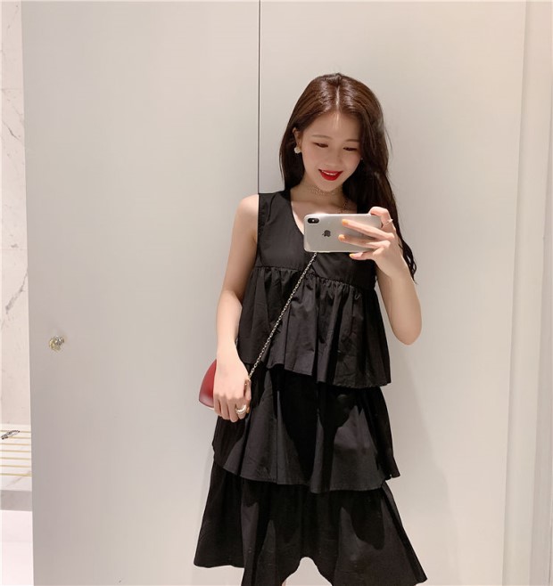 Thời trang mới của phụ nữ đơn giản, lớp bánh màu đơn giản hoang dã Thời trang giản dị V-cổ Váy chữ A váy ngắn thủy triều - A-Line Váy kiểu váy chữ a