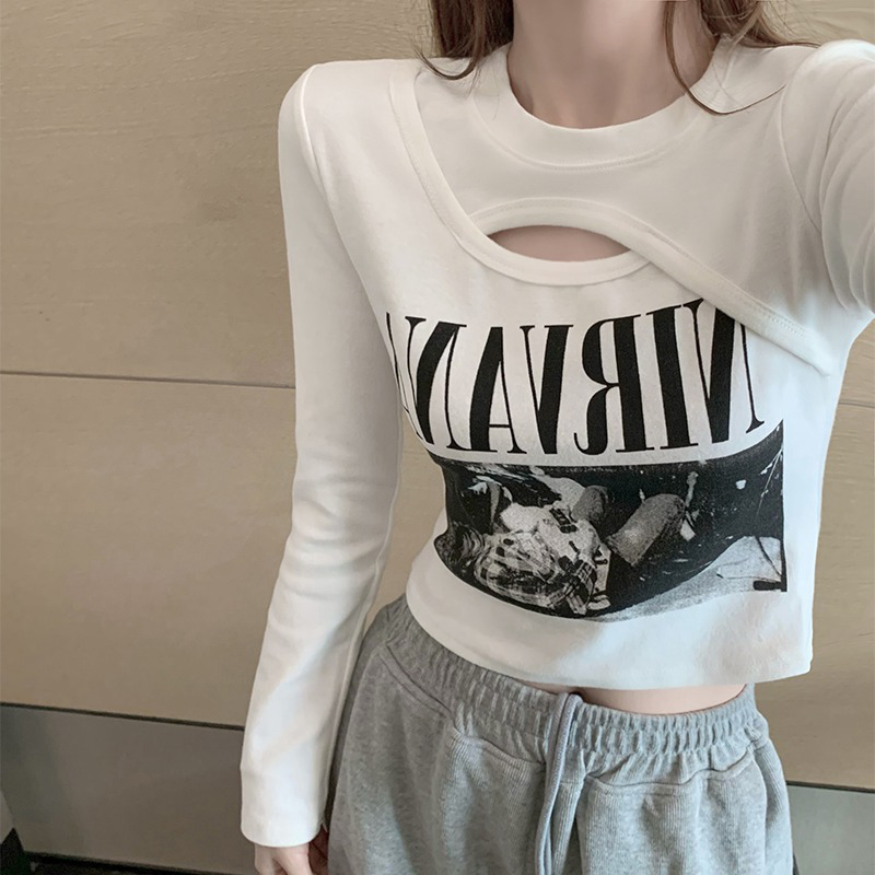 Fake Two-Piece Long-Sleeve T-Shirt for Women, Spring and Autumn Korean Style, Slim Fit, Inner Layer, Base Shirt, Stylish Design, Trendy Short Top