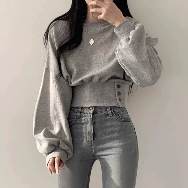 Дизайнерский короткий осенний тонкий свитшот, длинный рукав, тренд сезона, корейский стиль, оверсайз