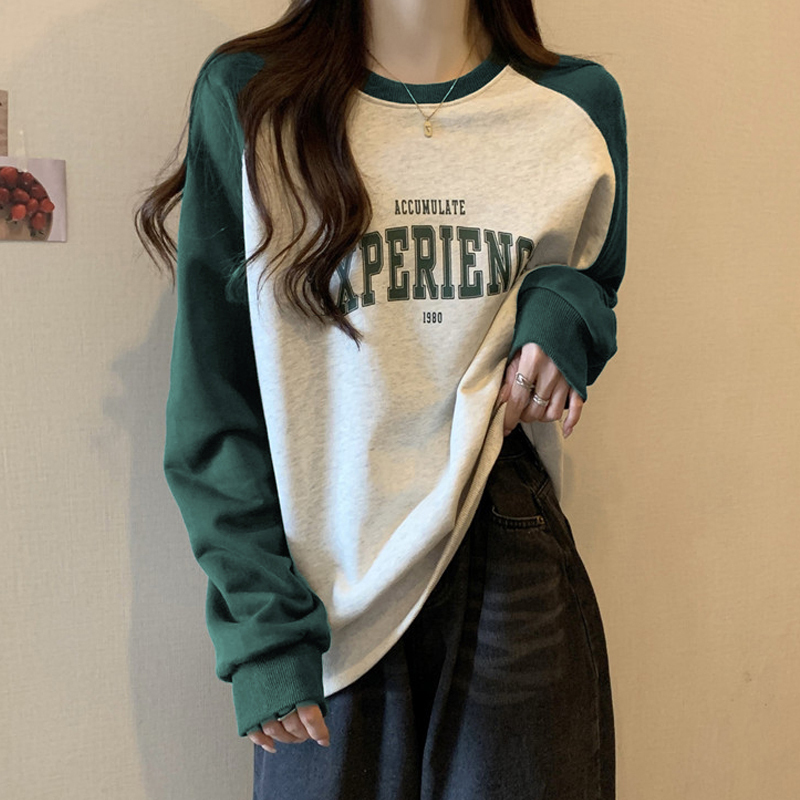 Color-Blocked Raglan Long-Sleeve T-Shirt for Women, Suitable for Spring, Autumn, and Winter, Loose Fit, Warm, Fleece-Lined, Base Layer Top, Trendy