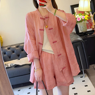新中式国风套装女装夏季新款盘扣棉麻防晒衬衣休闲阔腿短裤两件套