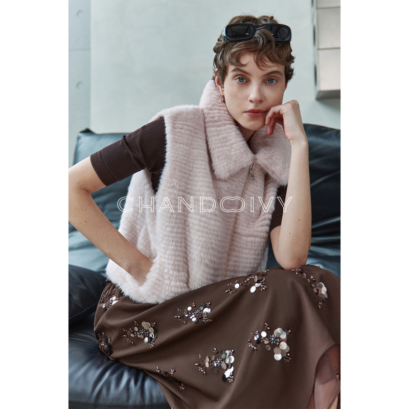 Chandooivy Finland Saga Imported Mink Heavy-Duty Strip-Weaving Craft Lapel Zipper Fur Vest