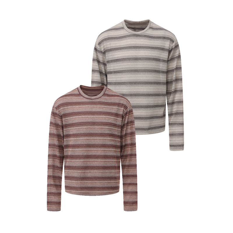 Attiask Casual Color-Blocked Basic Round-Neck Long-Sleeve T-Shirt/Comfortable and Relaxed/Soft and Stylish/Stripe Design