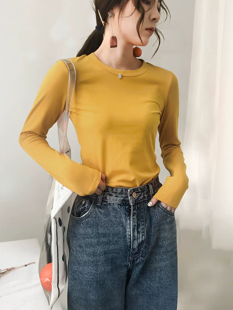 Хлопковый базовый свитер с длинным рукавом в корейском стиле, плотный,Slim fit, коллекция 2023