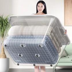 Transparent Storage Box, Fully Transparent Organizing Box with Wheels, Household Clothes Plastic Thickened Large Capacity Extra Large Storage Box