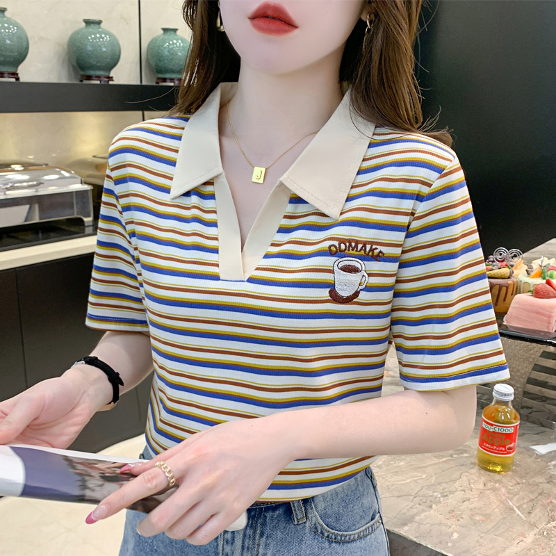 Polo Shirt for Women, Summer Short-Sleeved Striped T-Shirt, 2026 New Fashion Women's Summer Wear, Stylish Embroidered Lapel Top Polo Shirt for Women, Summer Short-Sleeved Striped T-Shirt, 2026 New Fashion Women's Summer Wear, Stylish Embroidered Lapel Top