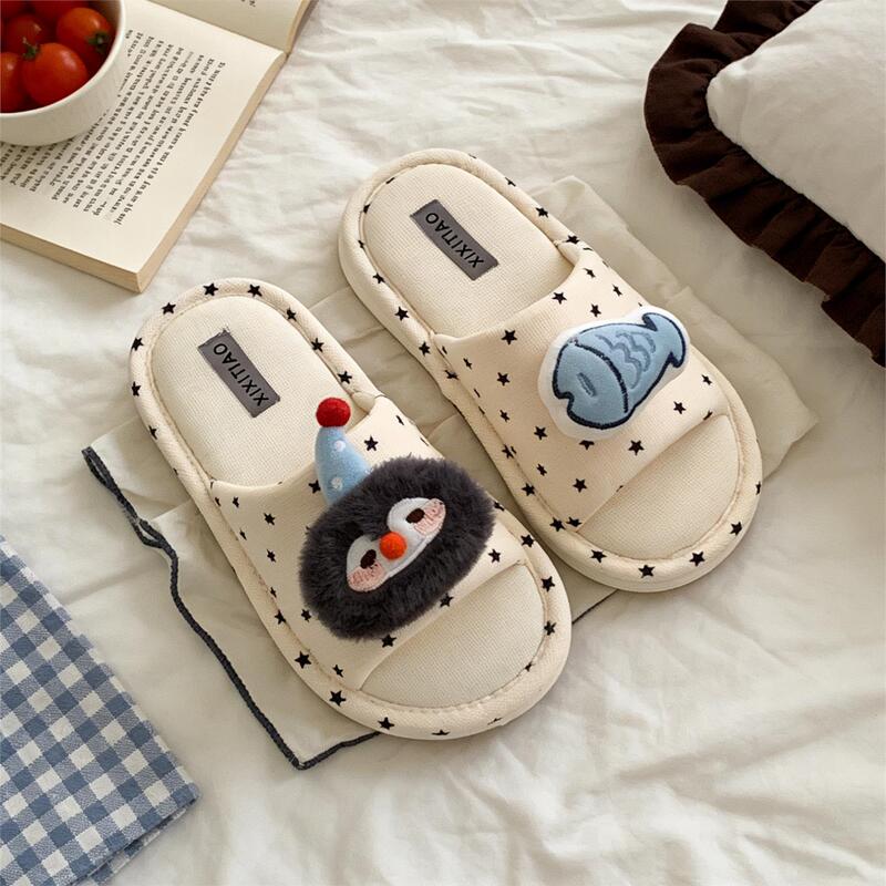Cute Penguin and Fish Cotton and Linen Slippers for Women, Non-Slip, All-Season, Comfortable Home Slippers, Breathable and Not Stuffy on the Feet