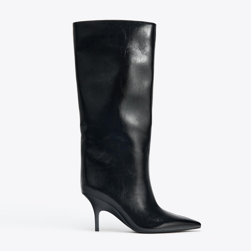 Za2025 Winter New Black Pointed-Toe High-Heeled Long Boots Kitten Heel Trouser Boots Retro Over-The-Knee Riding Boots for Women