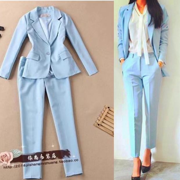  2024 New Summer Women's Clothing Korean Style Small Suit Jacket Casual Blue Small Suit Nine-Point Pants Two-Piece Set