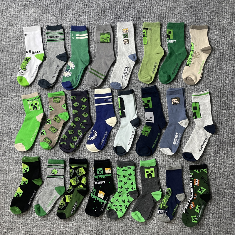 5 Pairs of Export Children's Socks with Minecraft Cartoon Designs, Suitable for All Seasons, for Older Children, Boys, and Students, Mid-Calf Length