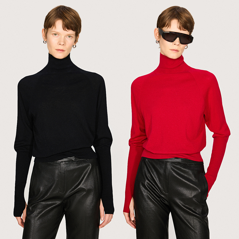 Black Label/Italian Imported Cashmere Wool Fashionable Thumb-Hole Leg-Of-Mutton Sleeve Turtleneck Knit Base Shirt