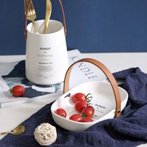 Nordic ins wind fruit plate Household plate Snack plate Leather handle small square plate Personality creative simple high value