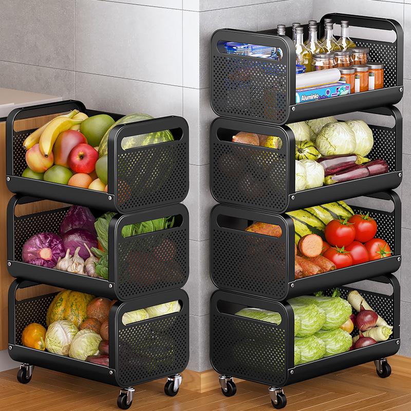 Kitchen Basket Storage Rack, Multi-Layer, Floor-Standing, Movable, for Storing Fruits and Vegetables, Multifunctional Household Trolley