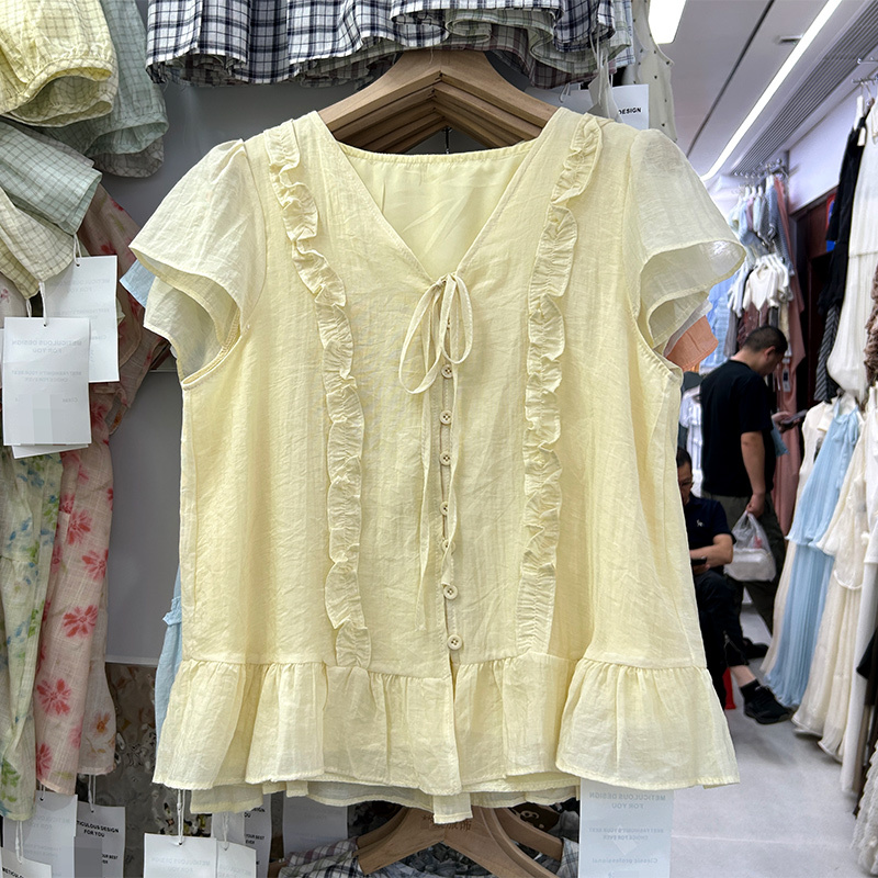 Korean Sweet Style Ruffled Shirt for Women 2026 Summer New Slimming V-Neck Tie-Up Ruffle Top 835A