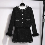 Пуховик, комплект, черная куртка, мини-юбка, в стиле Шанель, увеличенная толщина