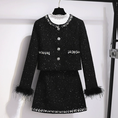 Пуховик, комплект, черная куртка, мини-юбка, в стиле Шанель, увеличенная толщина