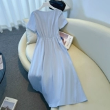 Синее летнее платье, длинная юбка, французский стиль, квадратный вырез, изысканный стиль