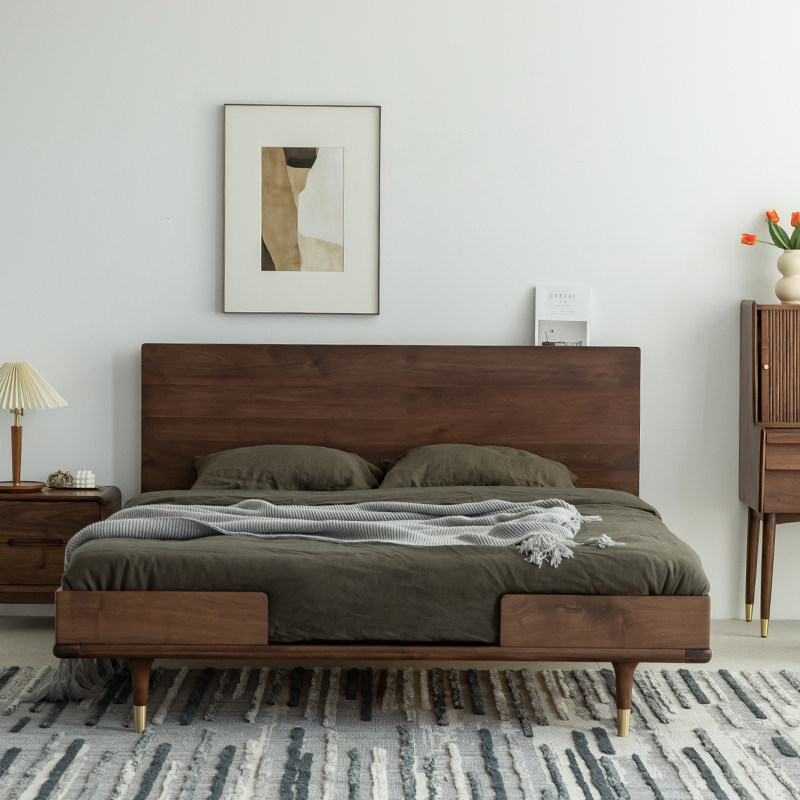 Nordic modern minimalist single double bed 18m North American black walnut bed bedroom all solid wood bed with backrest