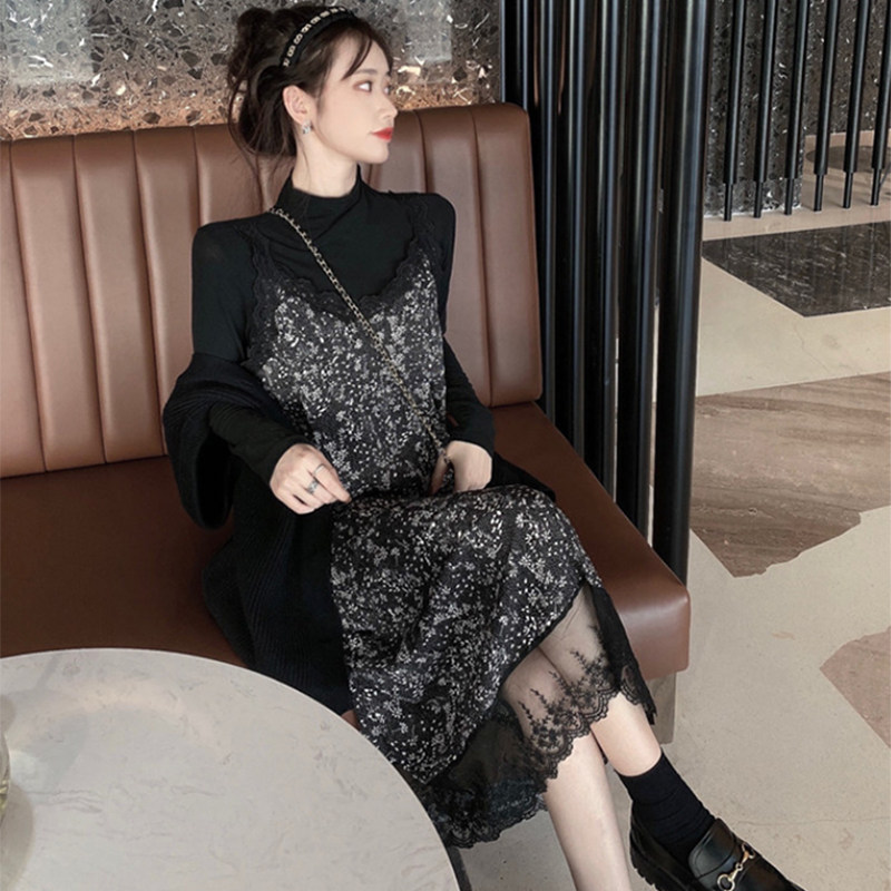 Fashion suit women 2022 spring and autumn all-match high-necked bottoming shirt lace lace floral suspender dress two-piece set