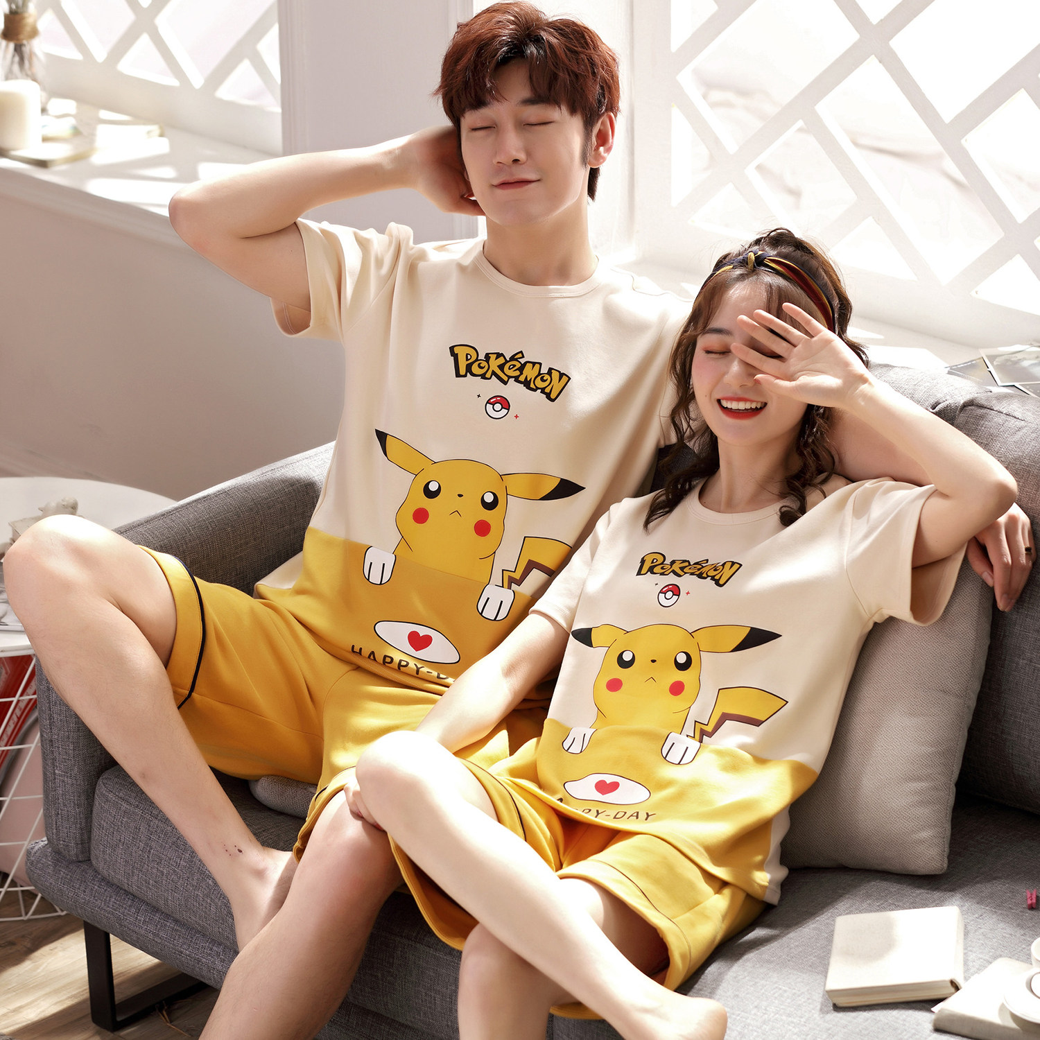Summer Cartoon Cute Couple Sleepwear Pure Cotton Short Sleeves Men And Women's Home Conserved Two Style Suits Summer Thin size