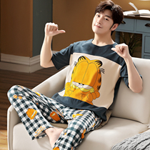 Summer cotton short sleeve trousers mens pajamas spring and autumn thin youth student cartoon home clothing large size set