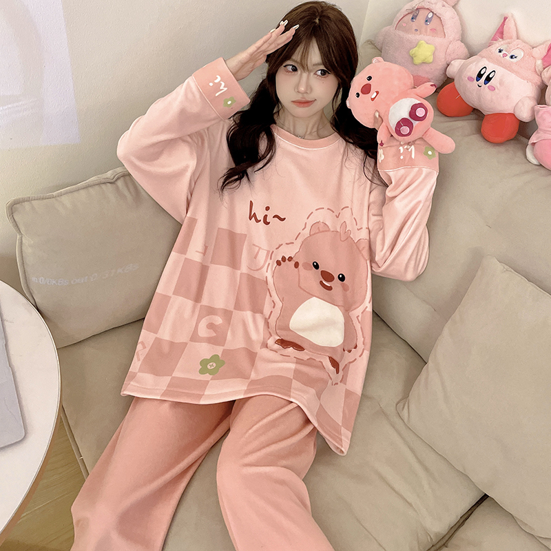 Island Velvet Pajamas for Women, Spring, Autumn and Winter, Thickened and Fleece-Lined, Cute Large Size for Students, 100kg Coral Velvet Loungewear