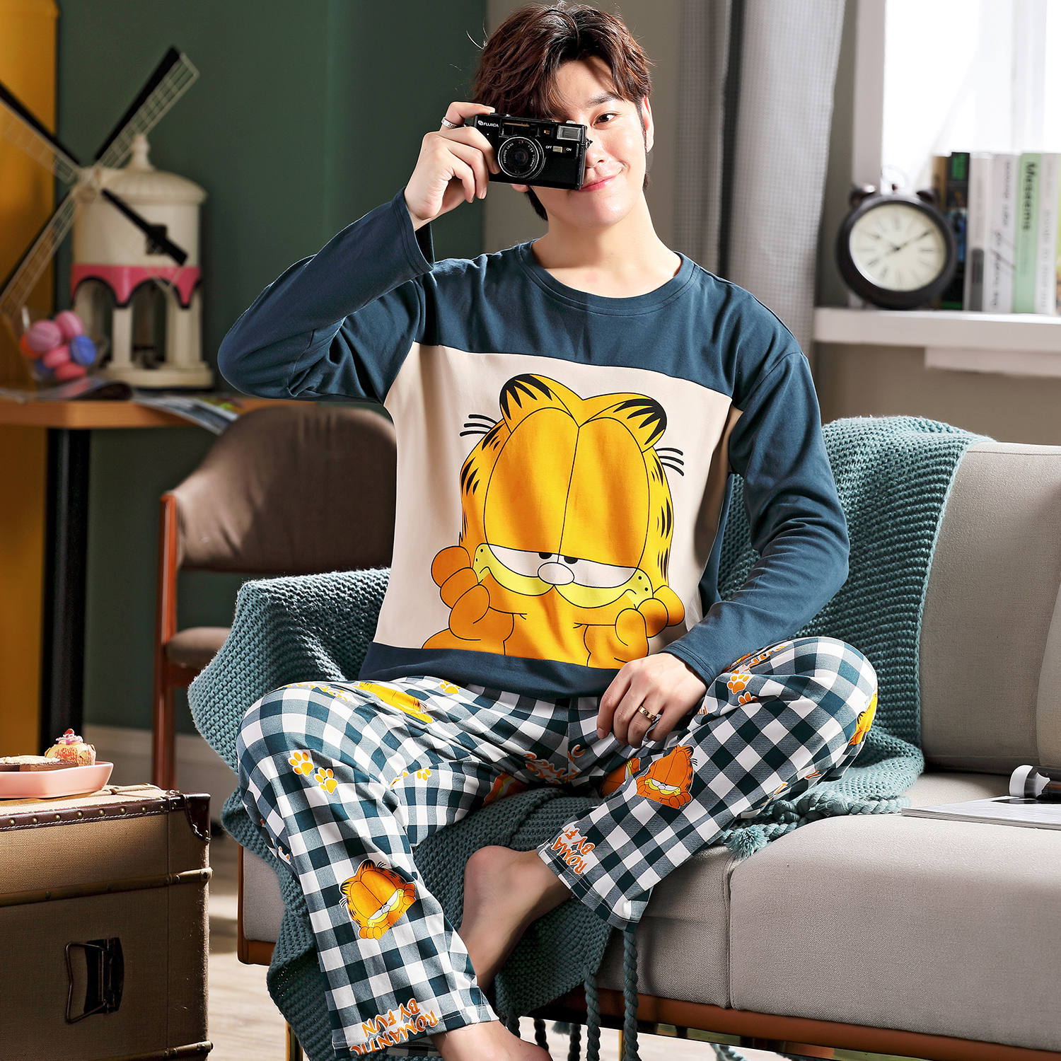 Spring Autumn Money Men's Pure Cotton Long Sleeves Pyjamas Cartoon Autumn Winter Teen Students Full Cotton Home Conserved With Increased Code Suit