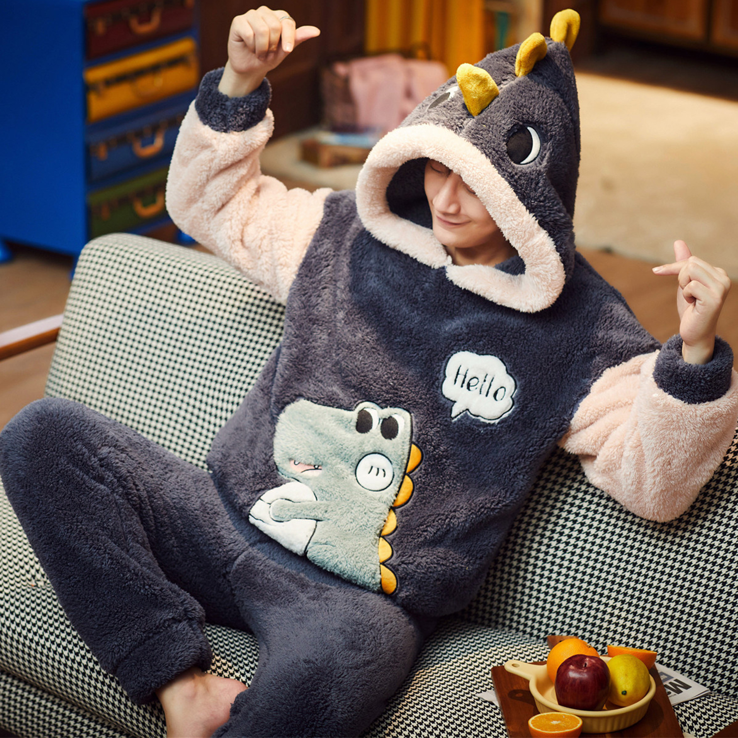 Autumn and winter winter coral fleece men's pajamas thickened and velvet flannel cartoon plus fertilizer plus size winter suit