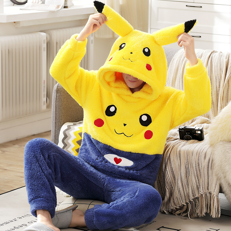 Men's sleepwear fall winter style winter coral suede thickened with velvet flannel cartoon home conserved with large size for winter even cap