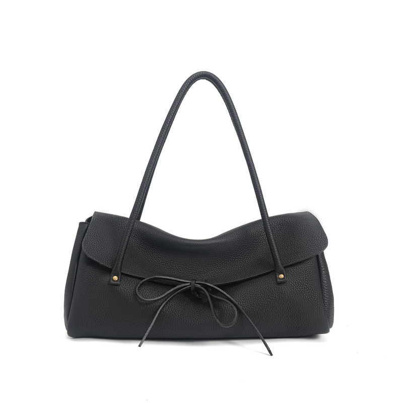Elegant Commuter Style Black First-Layer Leather Large-Capacity Simple Handbag 60027