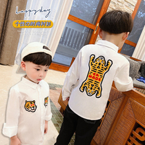2022 New Tide Cool Cartoon Tiger Shirt Long Sleeve Blouse Blouse Spring Autumn Pure Cotton Children Boy Baby Clothes