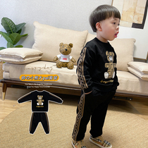 Cartoon Cute Printed Little Bear Middle Boy Spring Fall Clothes Baby Pure Cotton Long Sleeve Thin black Children suit
