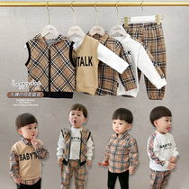 Spring Autumn Season New Foreign Air Children Pure Cotton Long Sleeves Clothes Men And Women Baby Plaid Mesh Red Suit Small And Medium Trend