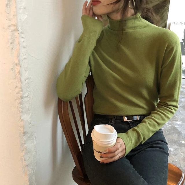 Baisduo Gui Ma Women's Avocado Green Sweater Soft and Waxy with Elastic Turtle Collar Slim Bottoming Sweater