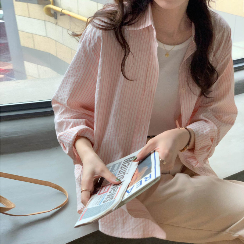 Baisiduo Summer Lotus Pink Striped Shirt Jacket for Women, High-End Student Style, Sweet Peach Pink Long-Sleeved Sun Protection Clothing Baisiduo Summer Lotus Pink Striped Shirt Jacket for Women, High-End Student Style, Sweet Peach Pink Long-Sleeved Sun Protection Clothing