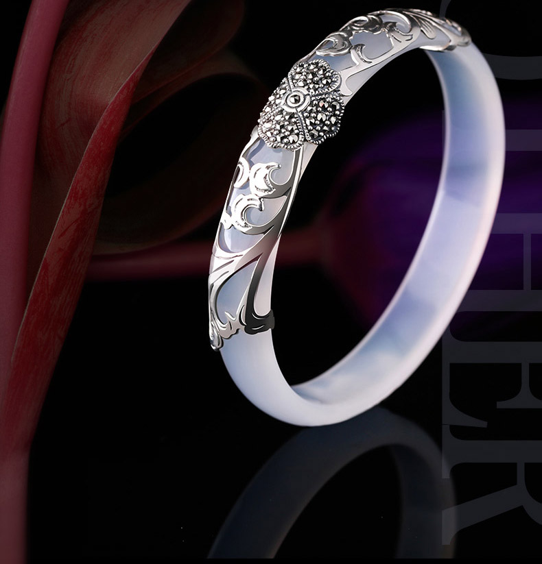 S925 bạc trắng chalcedony retro vòng tay bạc Thái nữ băng tự nhiên thông qua vòng tay mã não để gửi cho bạn gái món quà Giáng sinh vòng tay vàng