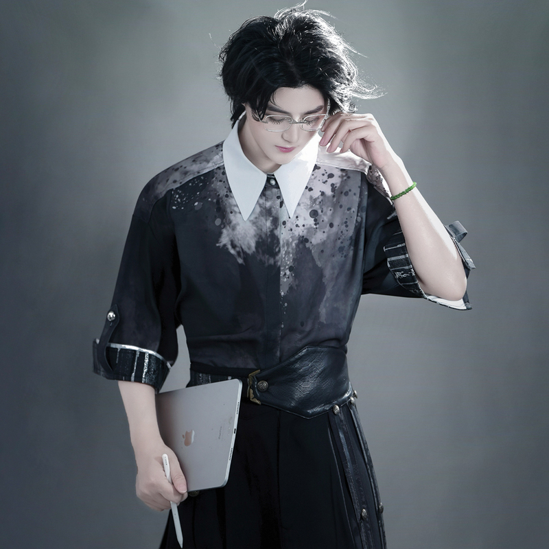Fengya's Original Ink-Splashed Chinese-Style Ink-Printed Short-Sleeved Shirt and Wide-Leg Pants Set in Black and White
