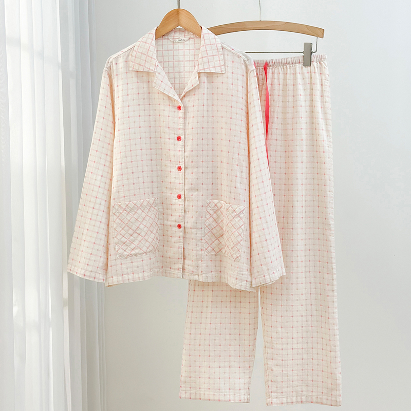 2026 Spring/Summer New Pure Cotton Double-Layer Gauze Pajamas Women's Plaid Seamless Cotton Homewear Men's Set
