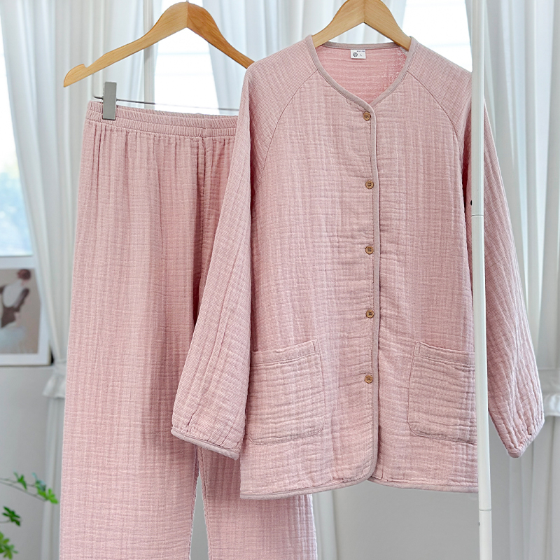 2024 Autumn and Winter New Pure Cotton Four-Layer Gauze Pajamas Women's Seamless Cotton Gauze Men's Long-Sleeved Homewear Set