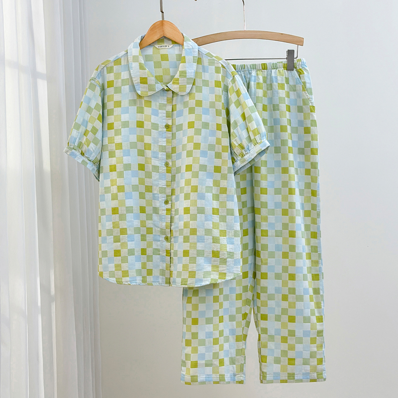 26 Summer New Style Pure Cotton Double-Layer Gauze Seamless Pajamas Women's Plaid Short-Sleeved Cotton Home Wear Men's Set