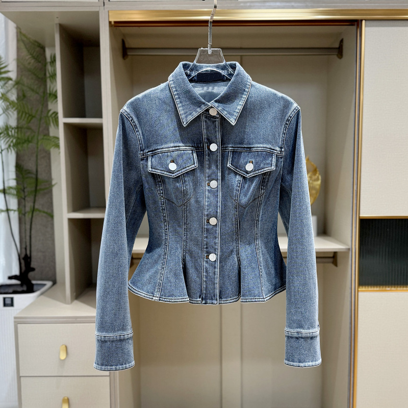 Shenzhen Nanyou Retro Ruffled Waist-Cinching Denim Jacket for Women, Autumn 2026 New Versatile Age-Reducing Long-Sleeve Top
