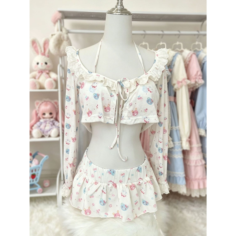 Original [Mp Sweetheart Swimsuit] Chai Huhu Female Mp Piano Rabbit Print Halter Tie Swimsuit Dress 26168