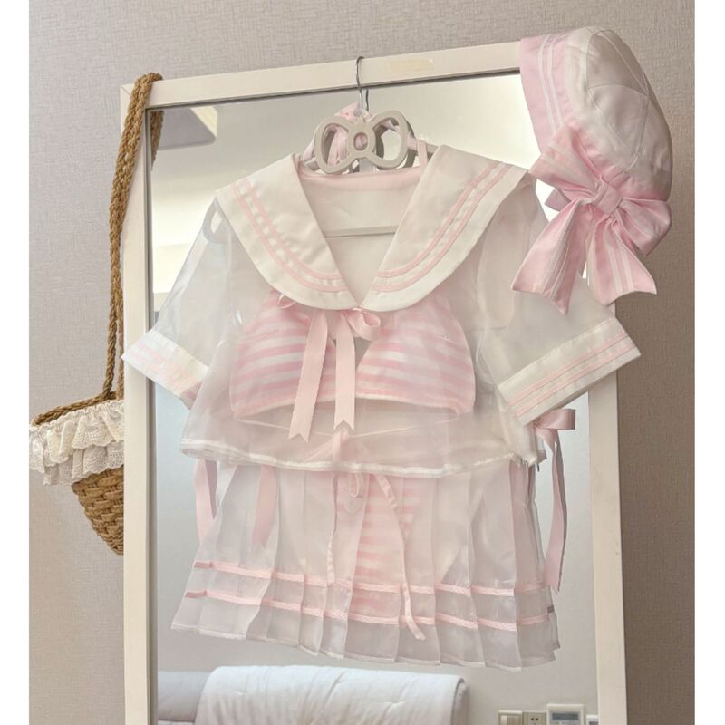 Original [Navy Sailor Swimsuit] Chai Huhu Pink Girly Striped Two-Piece Casual Swimsuit Dress 26135