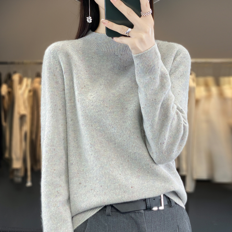 Seamless Gold Bead Half-Turtleneck 100% Wool Sweater for Women, Loose-Fitting Warm Knit Pullover Base Layer Seamless Gold Bead Half-Turtleneck 100% Wool Sweater for Women, Loose-Fitting Warm Knit Pullover Base Layer