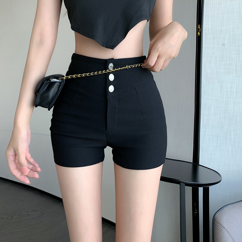 Black High-Waisted Slim-Fit Shorts for Petite Women with Three Buttons, Versatile and Slimming, Casual Summer Shorts ins Trend
